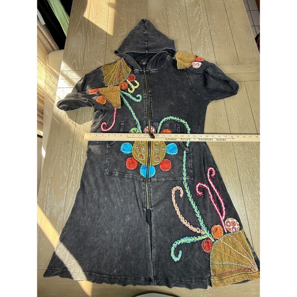Nepal Embroidered Hoodie Jacket Womens XL Black Boho Festival Handmade Artsy - Picture 5 of 14